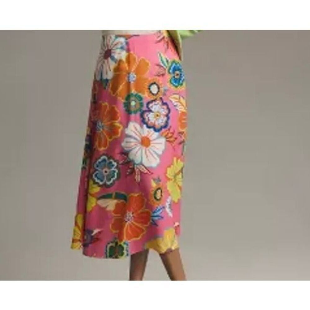 Farm Rio Womens Small Coloroful Midi Skirt Pink Floral Print Side Zipper New